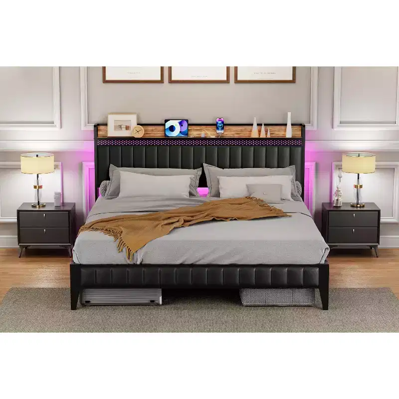 Upholstered platform bed frame, storage headboard, sturdy metal slat support, quiet operation, no spring box required, easy assembly (black)