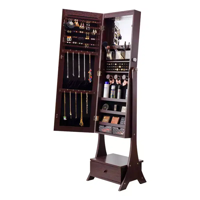 Mirror Jewelry Cabinet, Standing Mirror with Storage, Lockable Jewelry Mirror Organizer with Full Length Mirror, Velvet Lining, Brown