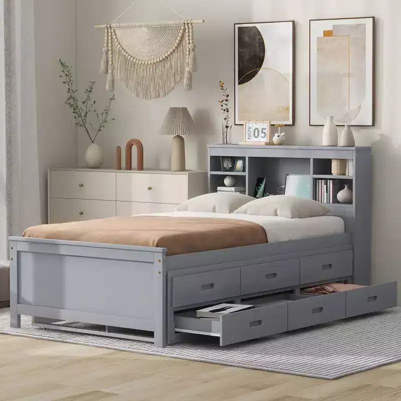 Platform Bed with Trundle and Drawers, Storage Platform Bed with USB, Wood Platform Bed with Bookcase