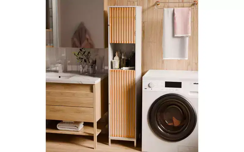 65 Inch Tall Slim Storage Cabinet, Bamboo Slatted Doors, 4 Shelves, Natural/White