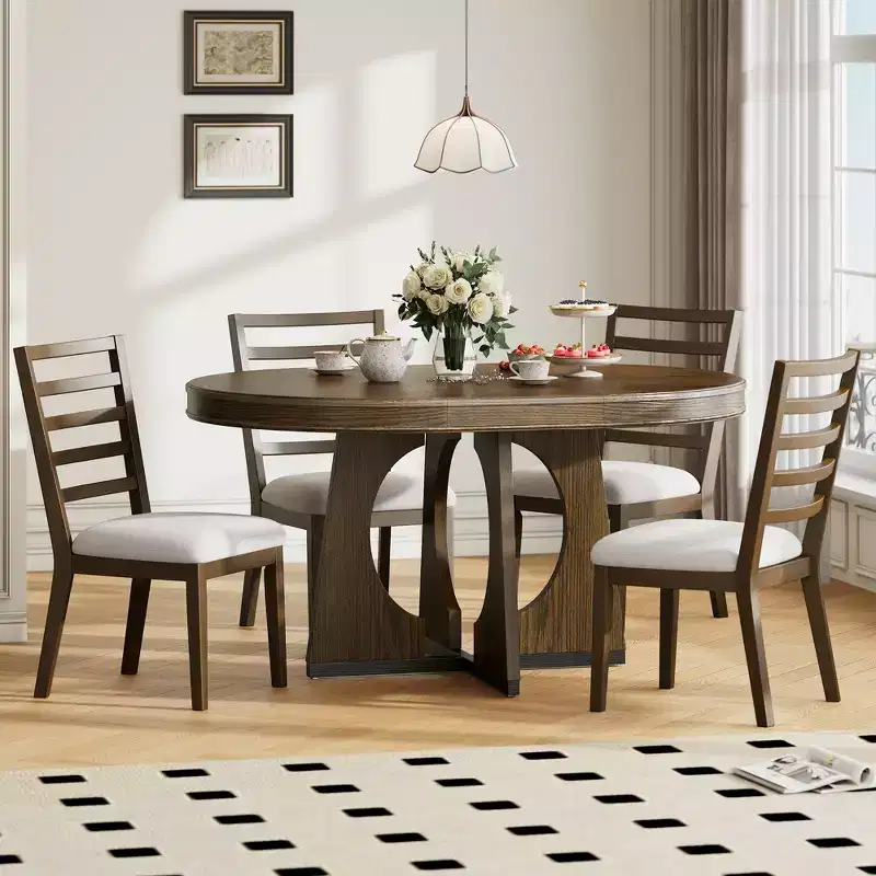 GDFStudio Dana Round 5 Piece Dining Set with Extendable Table and Upholstered Chair