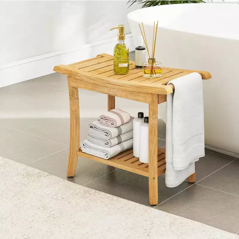 Bamboo Shower Bench with Storage Shelf Waterproof Bath Stool with Handles Non-Slip Pads 330 lb Capacity for Spa Bathroom Seniors