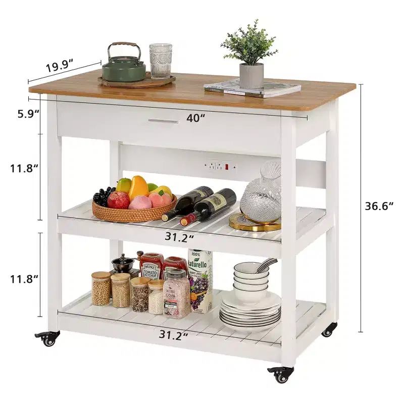 VECELO 40 Kitchen Island Cart on Wheels, Rolling Utility Cart with Drawer & Power Strip, 2 Storage Shelves for Kitchen, White