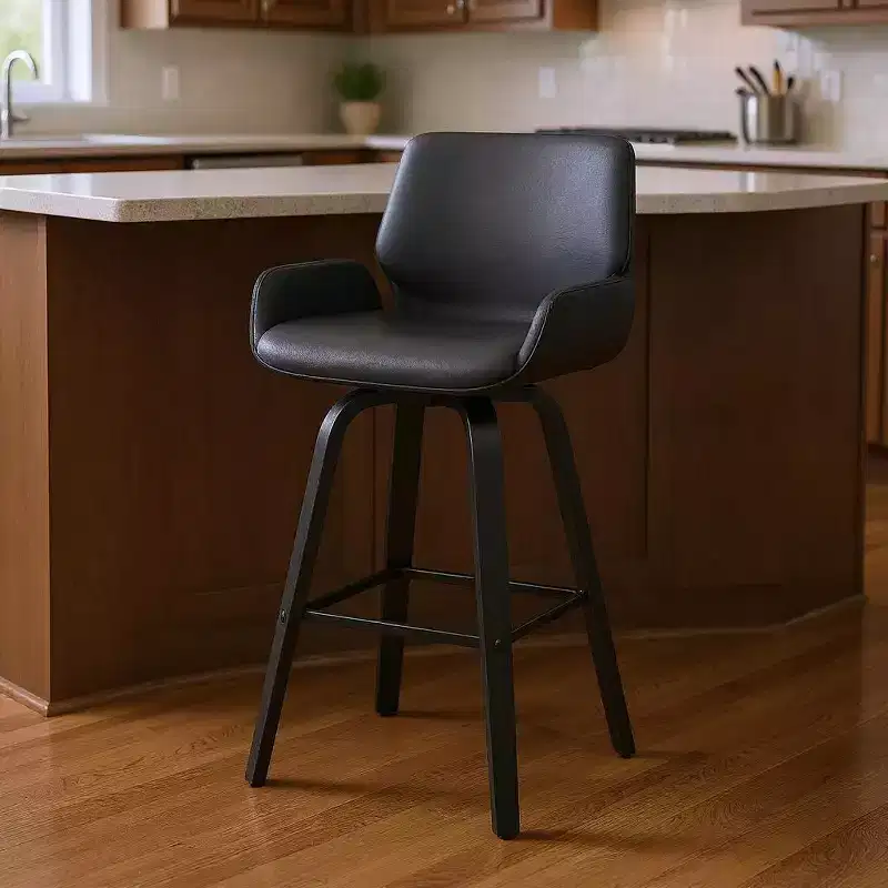 26 Gray And Black Faux Leather And Iron Swivel Counter Height Bar Chair