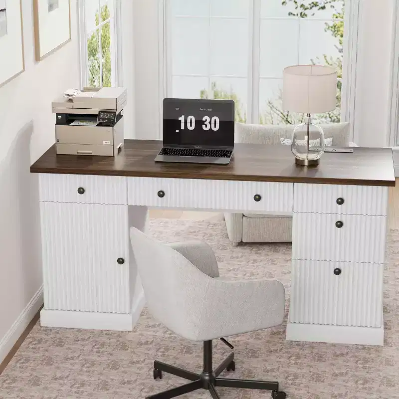 60 Home Office Desk, Fluted Executive Desk with File Drawers, Wooden Computer Desk with Charging Station for Study Room