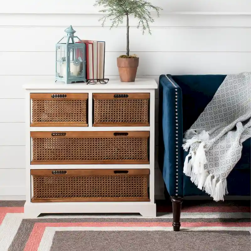 4-Drawer Cane Basket Storage Cabinet, Quartz Grey / Barley / Antique Black