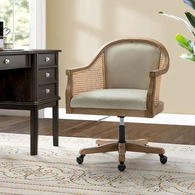 Danilo Farmhouse 360 Degree Swivel Height Adjustable Rattan Desk Chair with RubberWood by HULALA HOME