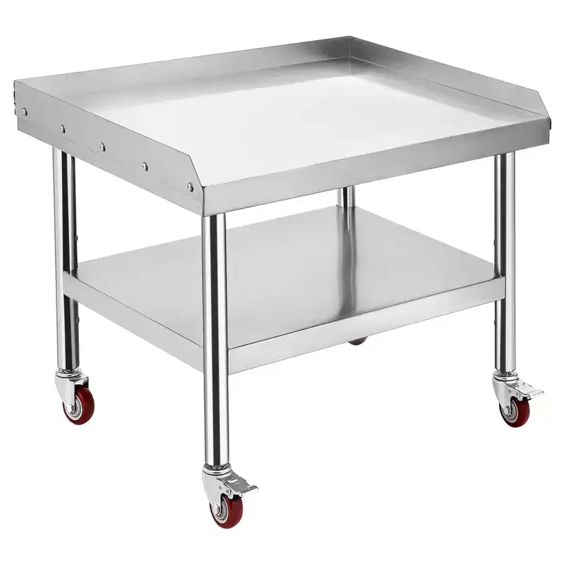 24x24 Commercial Grill Stand  Stainless Steel Heavy Duty Equipment Table, 1000 lb Capacity, Adjustable Legs & Safety Edge, with Wheels