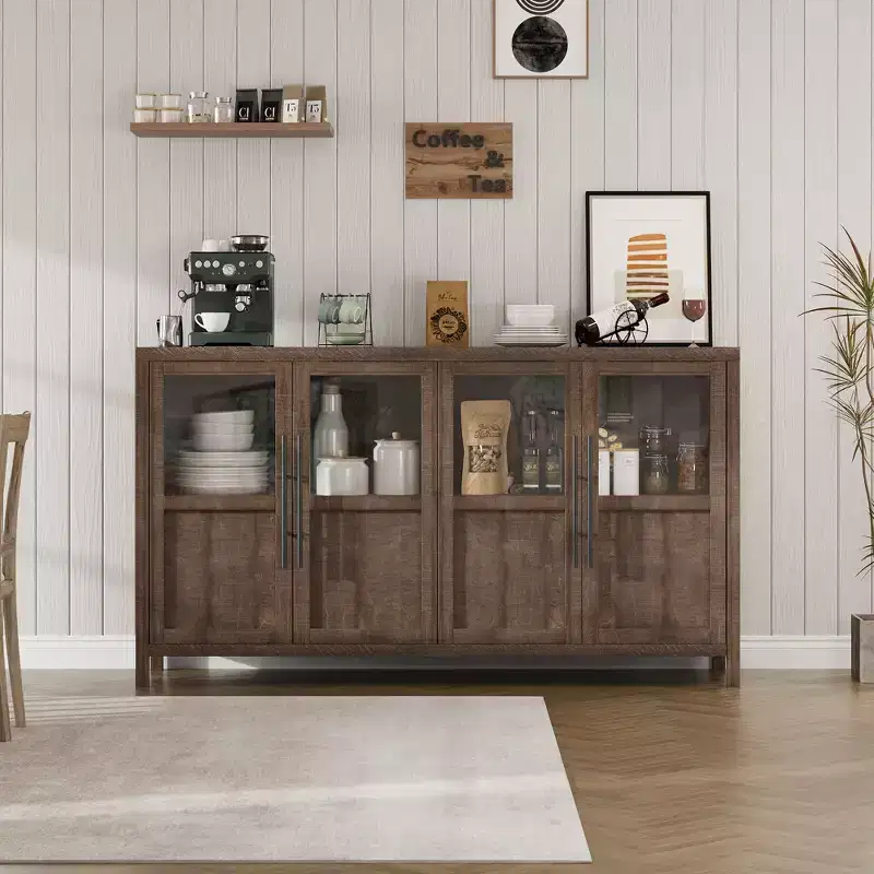 COZONY 55 Sideboard Buffet Cabinet with Glass Doors, 4 Door Storage Accent Cabinet for Kitchen Dining Room or Living Room