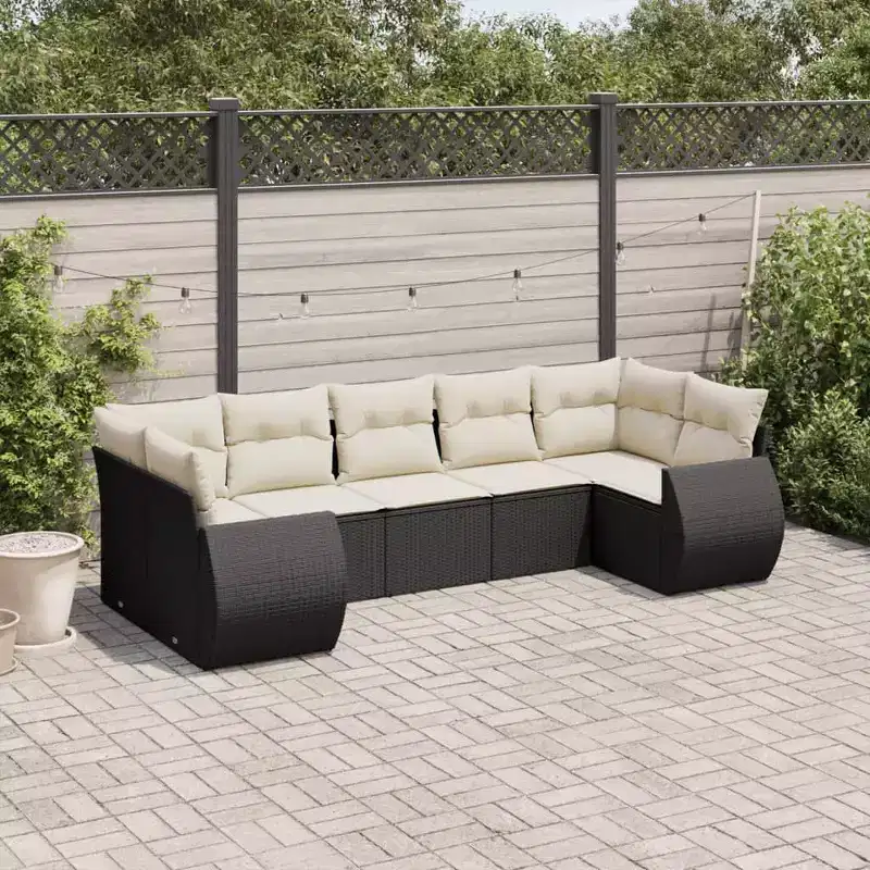 vidaXL 7 Piece Patio Sofa Set with Cushions - Black and Cream