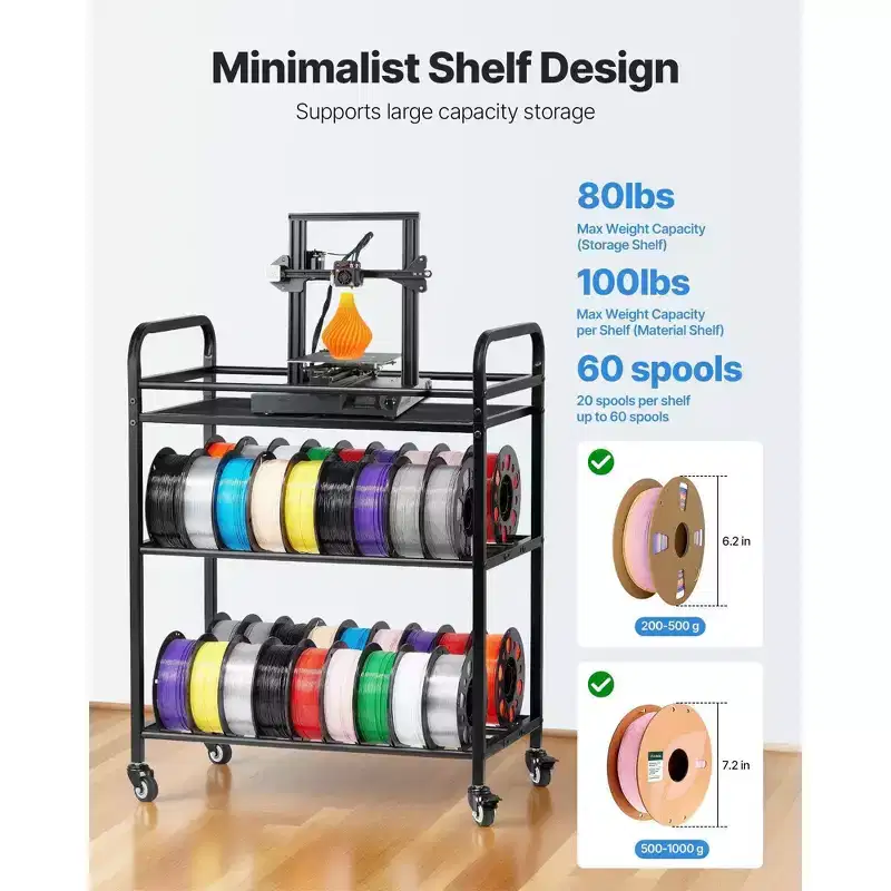 VIYET 3 Tier Heavy Duty 3D Printer Filament Storage Carts, Rolling with Wheels for Office Workshop, Shelf Only