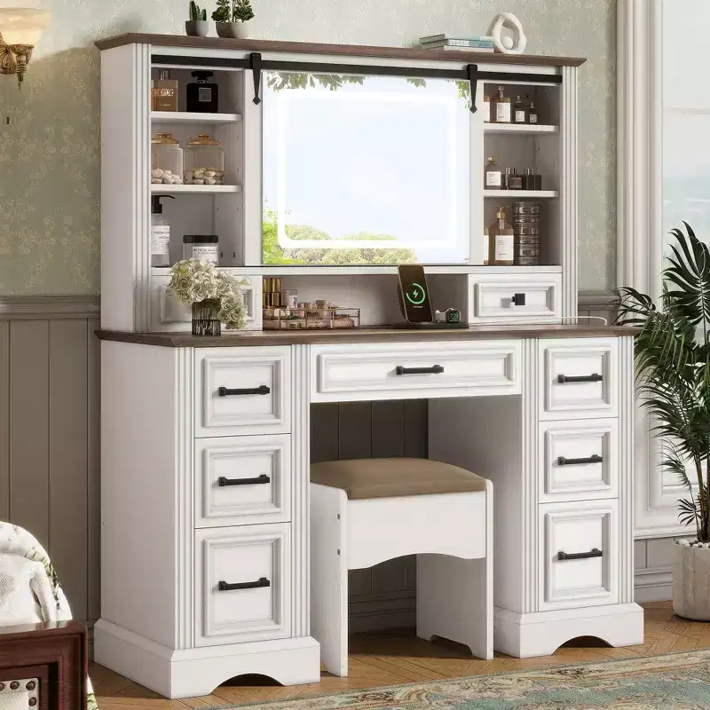 GDFStudio Darren Farmhouse Wood Makeup Vanity Desk Set with Storage Stool, Sliding Lighted Mirror, 9 Drawers and Charging Station