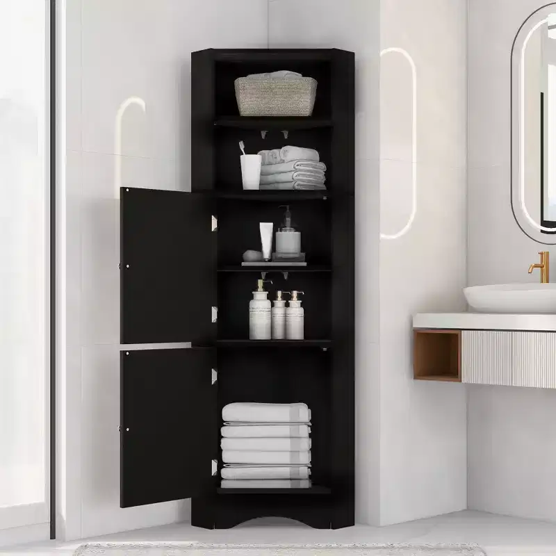 Okak 61 Inch Freestanding Corner Storage Cabinet, Tall Bathroom Storage Cabinet with Open Shelves and Doors