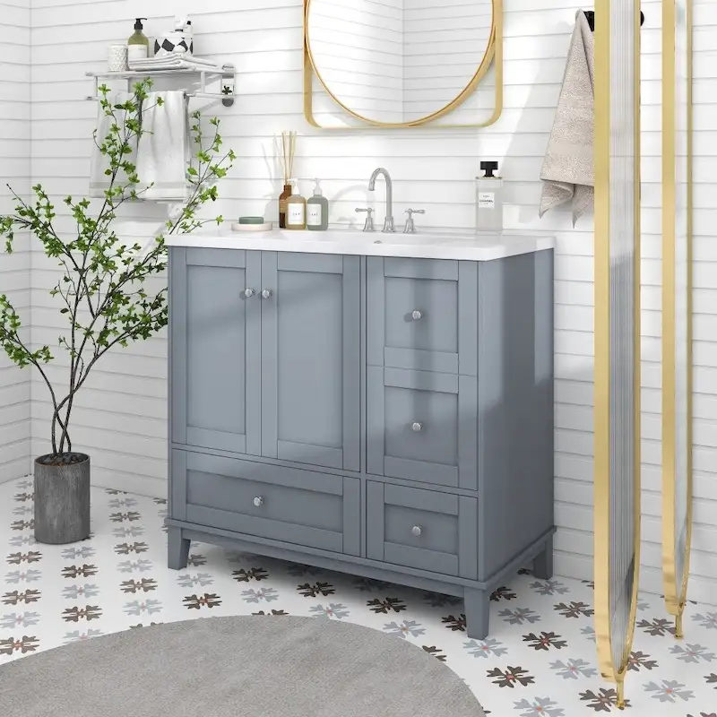 36 Inch Modern Bathroom Vanity with USB Charging and Single Resin top