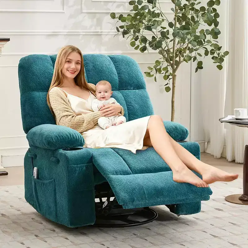 Oversized Recliner Chair for Adults, Manual Swivel Rocker Sofa, Side Pockets & Cup Holders for Big and Tall Persons, Living Room