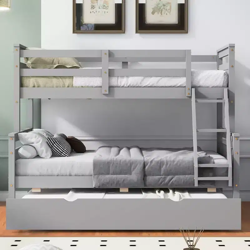 Twin over Full Bunk Bed with Ladder, Twin Size Trundle, Safety Guardrail
