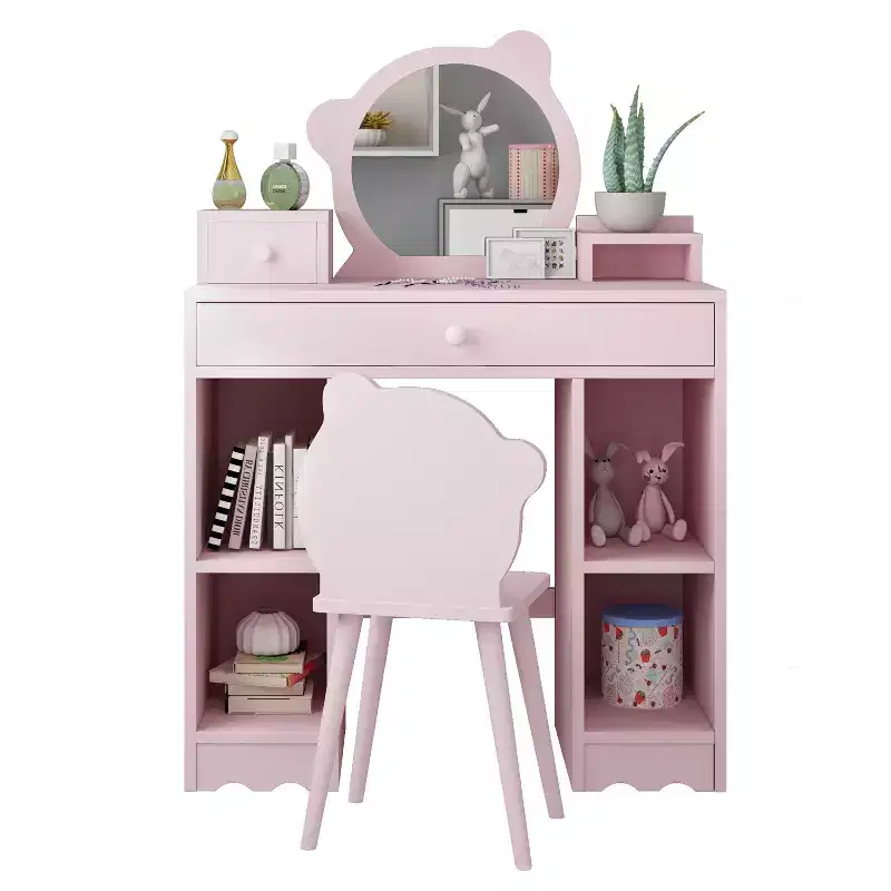 Kids Vanity Set, 2-In-1 Princess Dressing Table & Stool Set, Bear-Shaped Mirror & Stool, Children Makeup Dressing Table for Play Room Bedroom
