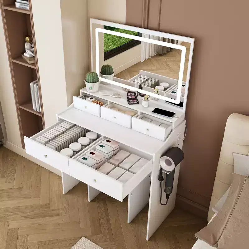 Large Mirror Vanity Desk with Power Outlet, 5 Drawers, 3 Lighting Modes, White
