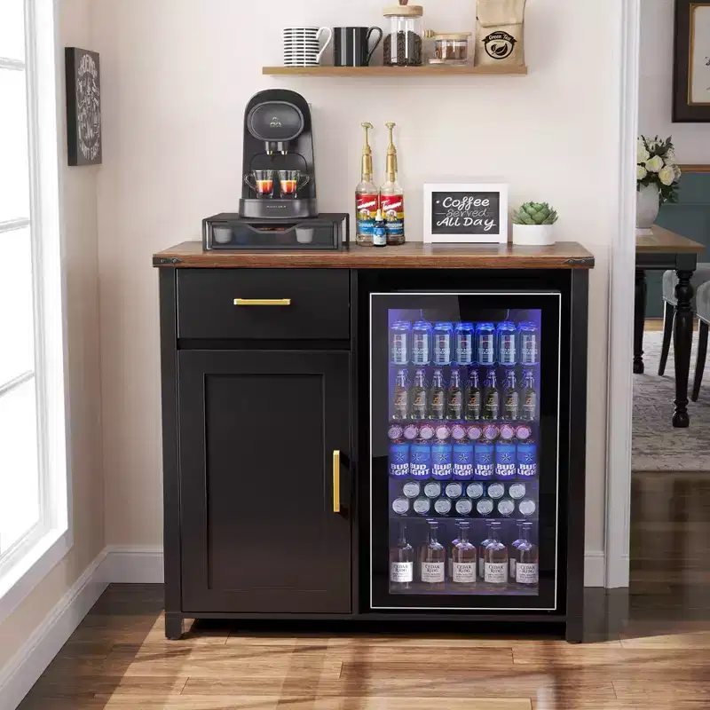 GDLF Coffee Bar with Mini Fridge Space, Mini Fridge Stand, Liquor Wine Cabinet for Dorm, Kitchen or Office, 39.4W X 20.9 D Tabletop Blac
