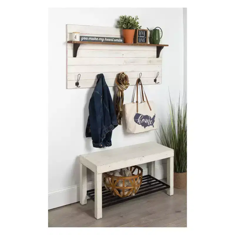 46.1" x 26" Wall Shelf with 5 Hooks White/Brown - Uniek: Kate & Laurel All Things Decor, No Assembly, Wood & Metal