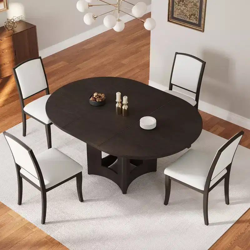 Whisen Farmhouse Extendable Round Dining Table Set with 4 Chairs