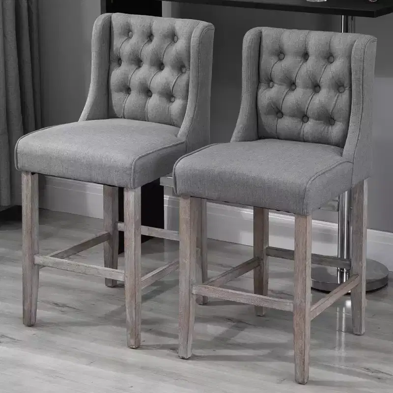 HOMCOM Counter Height Bar Stools, Tufted Wingback Armless Upholstered Dining Chair with Rubber Wood Legs, Set of 4, Gray
