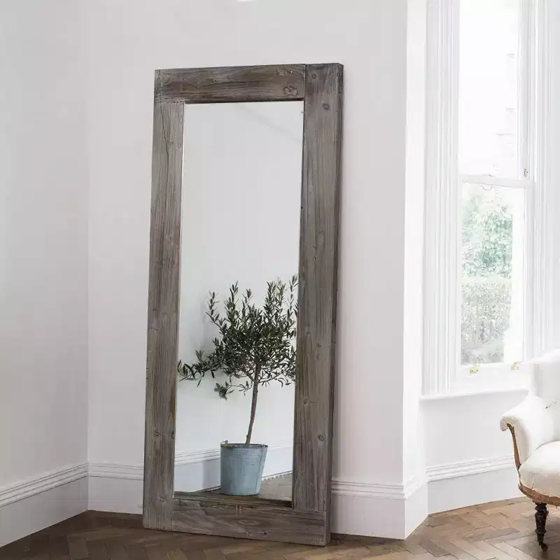 Tan Solid Wood Hollow-Center Wide Frame Full-Length Mirror 147x61cm