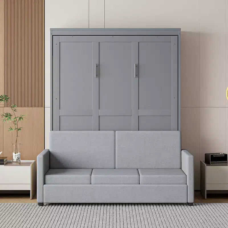 Full Size Murphy Bed with Sofa & Cushion, Folds Flat, MDF, 600 lbs Capacity
