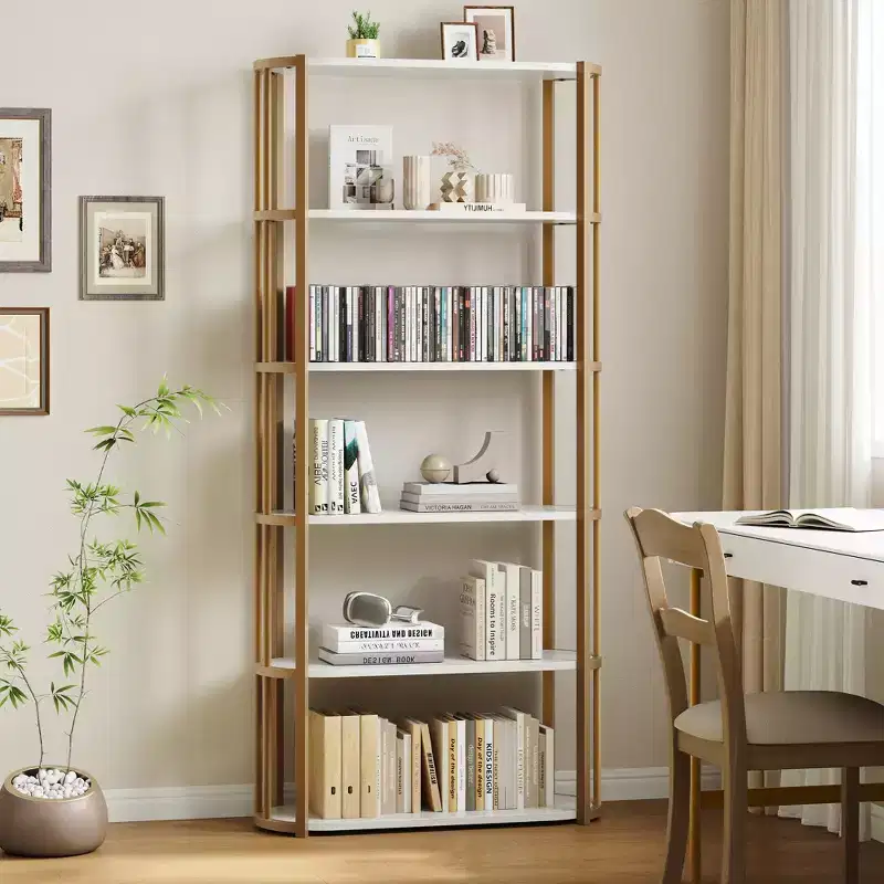 Freestanding Wooden 6 Tier Industrial Tall 71 Inches Wooden Bookshelf,Metal Frame Large Open Bookcase for Bedroom,Living Room,Office, White and Gold
