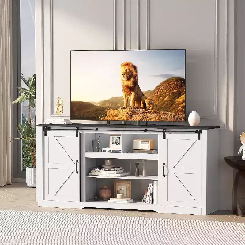 Acekool 70 Farmhouse TV Stand for TVs up to 80, Dark Grey, Sliding Barn Door Entertainment Center with Adjustable Shelves for Living Room