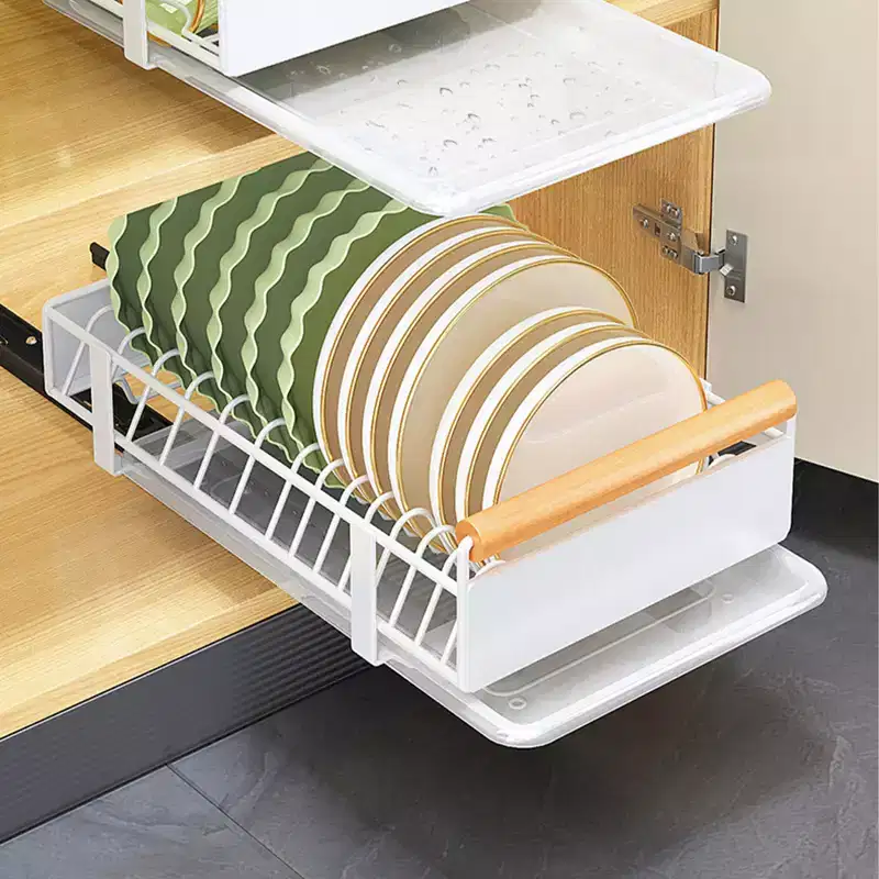 Pull Out Cabinet Telescopic Drawer, Kitchen Storage Shelf Basket Extendable Drawer, Slide Out Drawers for Kitchen Cabinets, Bathroom, White Bowl Rack
