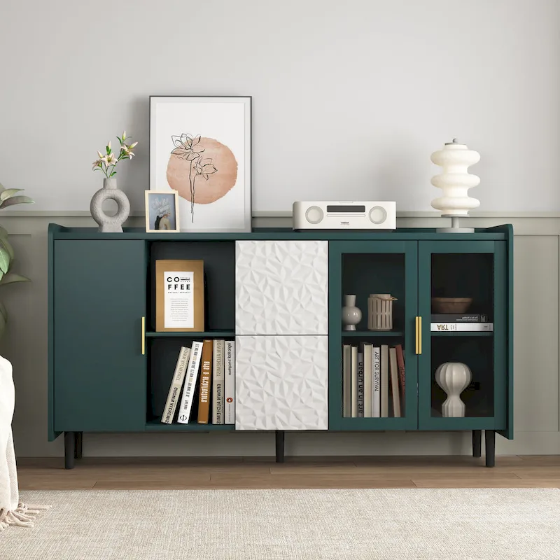 Kitchen Pantry Storage Cabinet, 55 Coffee Bar with 2 Drawers, 2 Open Storage Compartment & 2 Glass Doors, Wood Buffet Table