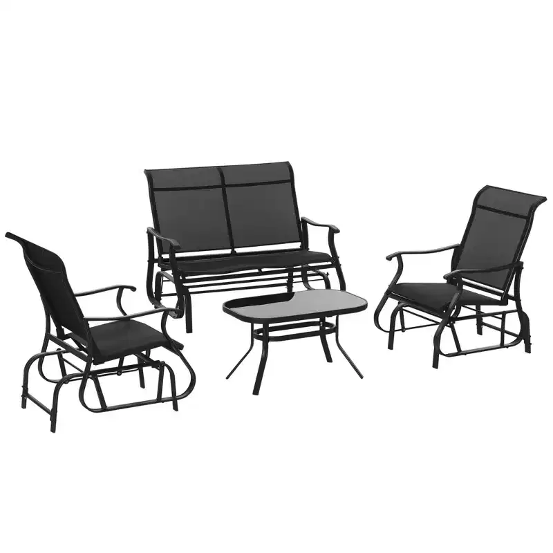 4 Pieces Gliders Set, Outdoor Furniture Sets with 2-Person Glider Patio Bench, Single Sling Chair and Glass Coffee Table for Backyard, Lawn and Garden
