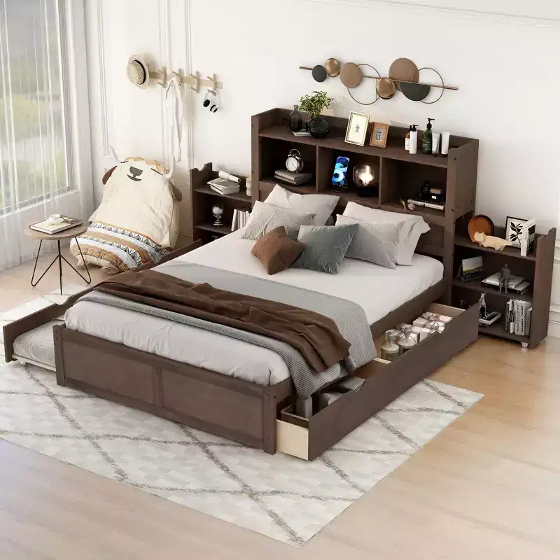Full Size Storage Platform Bed with Twin Size Trundle, Pull Out Shelves and 2 Drawers