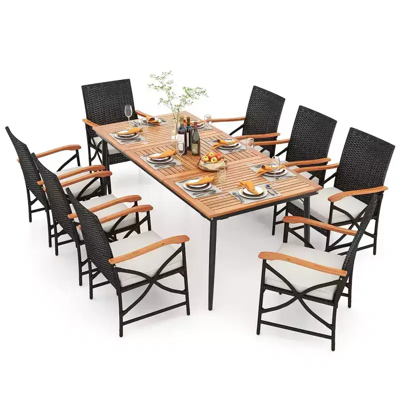 Costway 9 PCS Patio Dining Set with 1.9 Umbrella Hole X-frame Armrests Seat Cushions