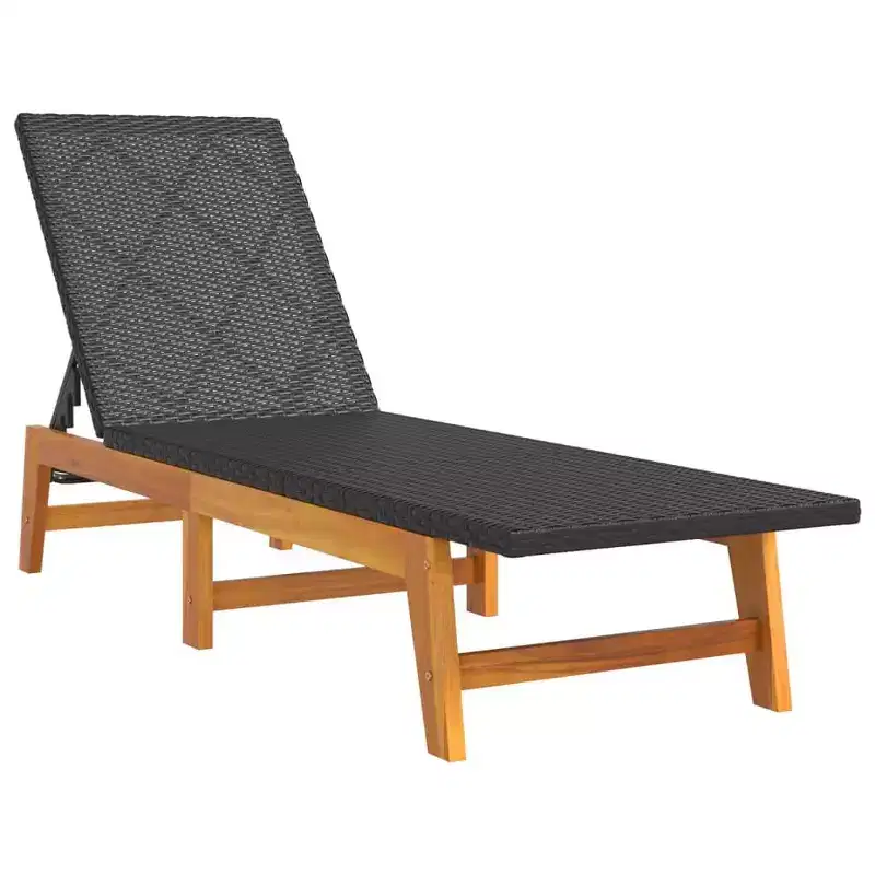vidaXL Sun Lounger Black and Brown PE rattan, solid acacia wood, steel