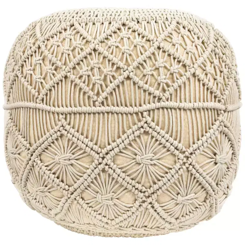 18 Solid Cream Macrame Round Handmade Natural Cotton Pouf Ottoman