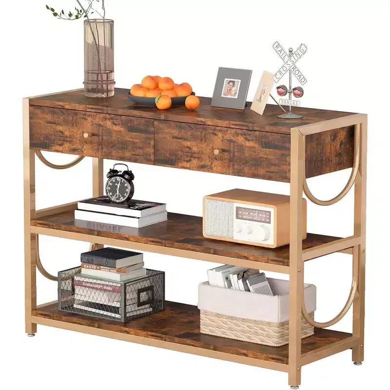 Console Table, Entryway Table - Light Luxury with 2 Drawers & 2 Shelves, Rustic Brown/Gold U-Shaped Frame, Adjustable Feet for Hallway/Living Room