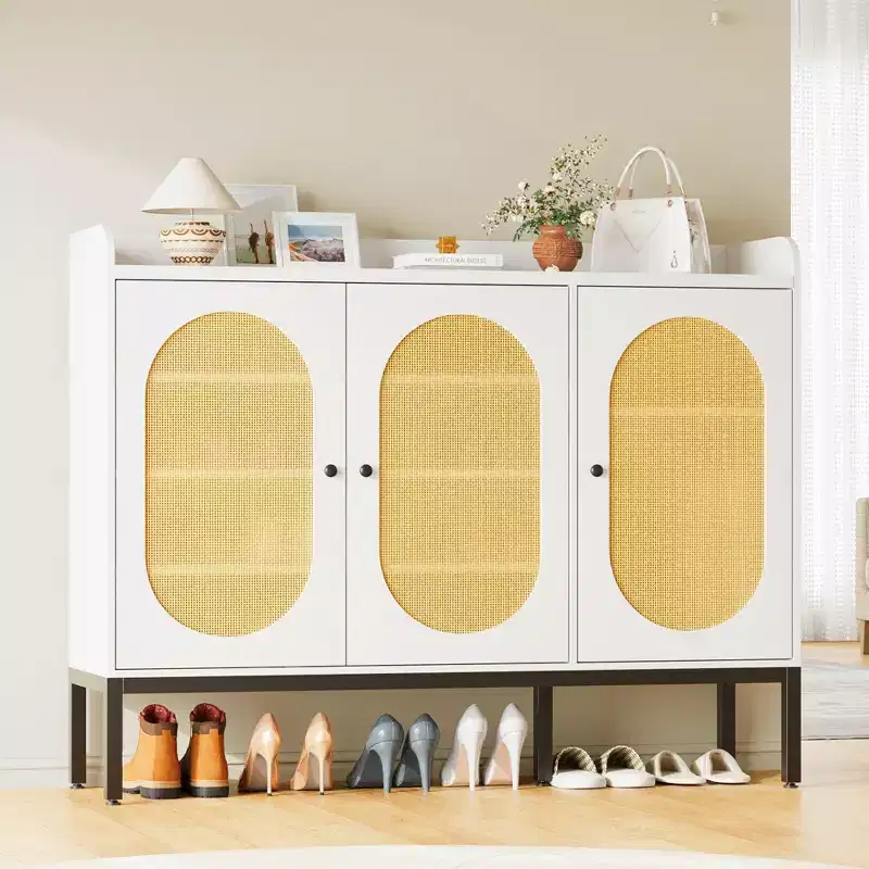 White 6-Tier Shoe Cabinet with 3 Rattan Doors (46.1W x 13.9D x 28.7H) - Freestanding Entryway & Living Room Organizer