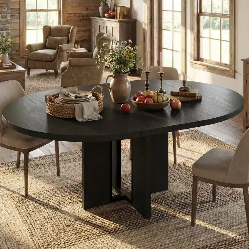 LinTimes 47-63 Extendable Round Dining Table, Farmhouse Wooden Seats 4-8, Wider Leg & Sturdy Metal Support, Space-Saver for Kitchen & Apartment