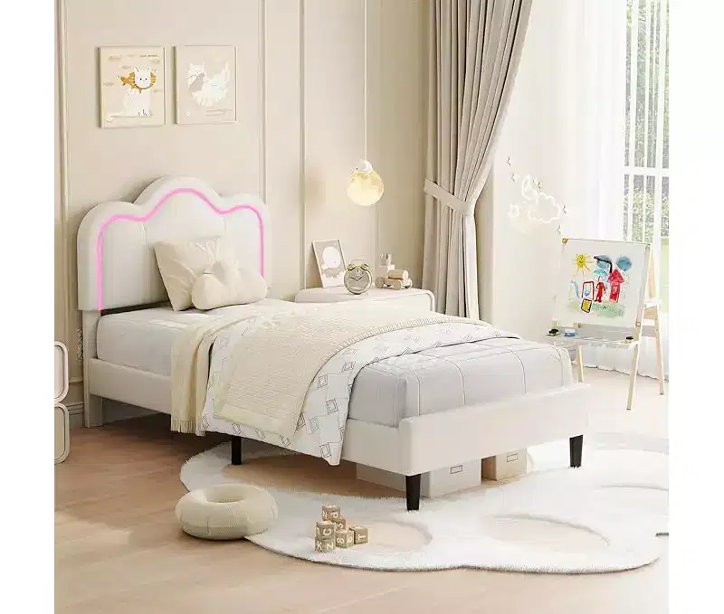 Twin Upholstered Bed Frame With Adjustable Headboard, Velvet Princess Platform Bed Frame for Kids/Girls, Wooden Slats SupportEasy Assembly