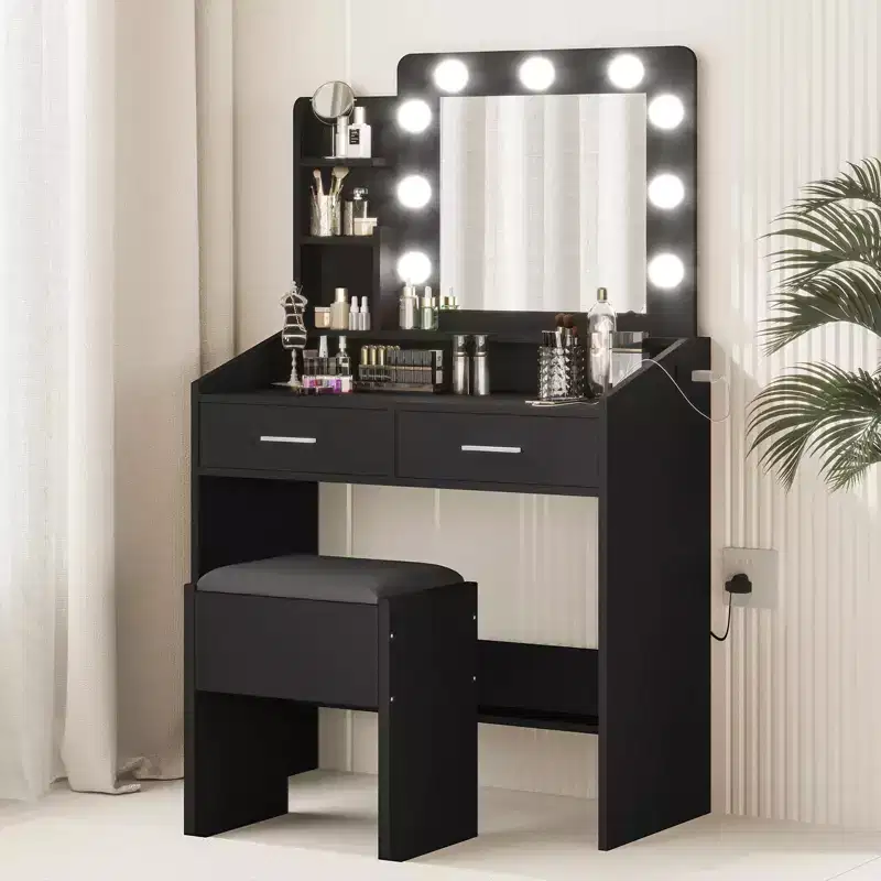 Makeup Vanity with Lights, Vanity Desk with Mirror and Lights Set, Large Drawer and Two-Tier Lots Storage Cabinet, 3 Lighting Modes