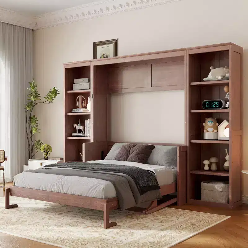 Full/Queen Size Murphy Bed - Space-Saving Wall Bed with Desk and Bookshelf, Dark Brown