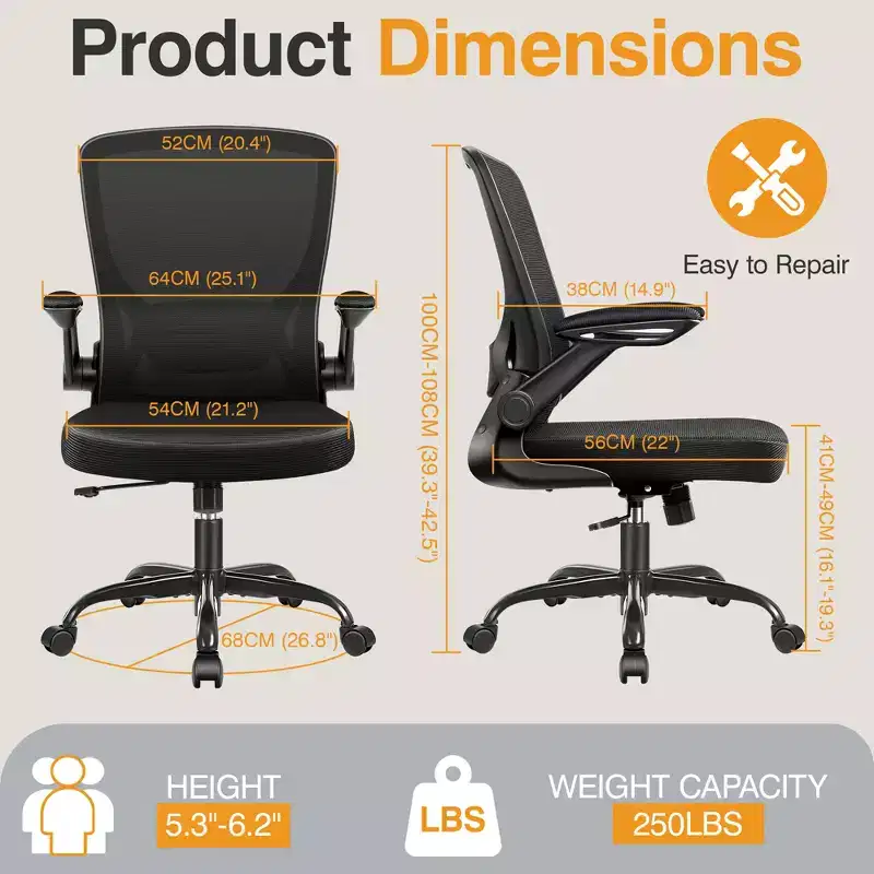 KERDOM Ergonomic Office Chair, Mesh Computer Chair, with Lumbar Support, Rotatable, Reversible Armrests, Height Adjustable