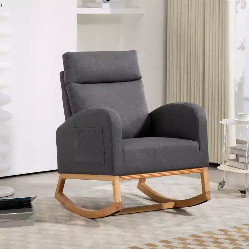 Rocking Chair Nursery Glider Chair, Upholstered Rocking Chair for Nursery with Rubber Wood Legs, Comfy High Backrest, Side Pockets, Armchair