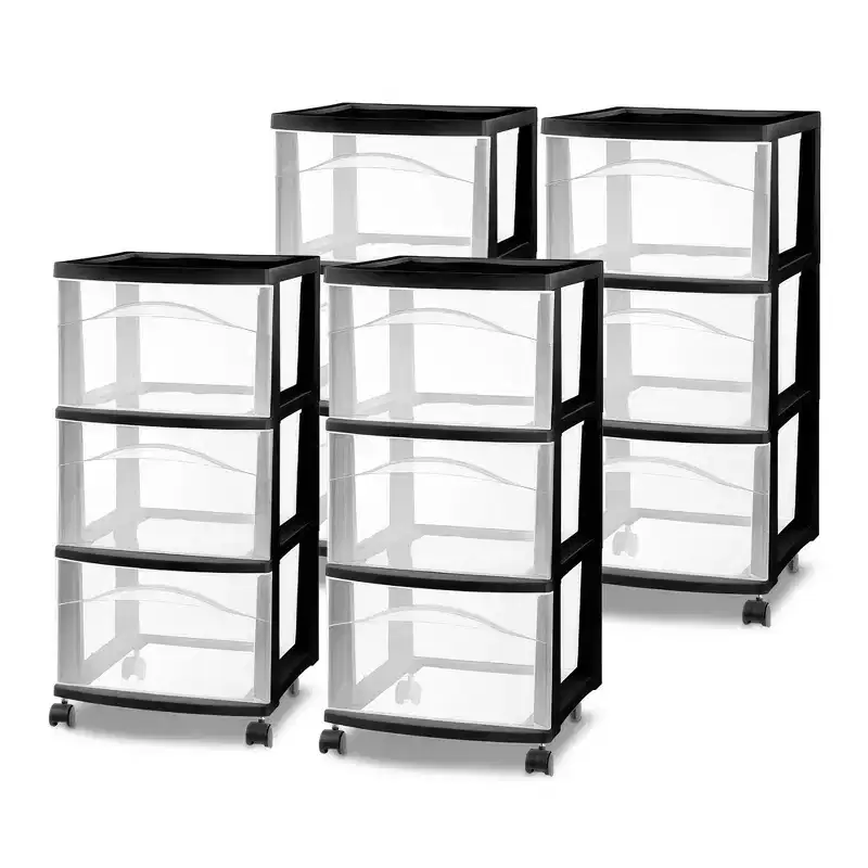 3-Drawer Plastic Rolling Storage Cart, Medium Organizer, Black, 4-Pack