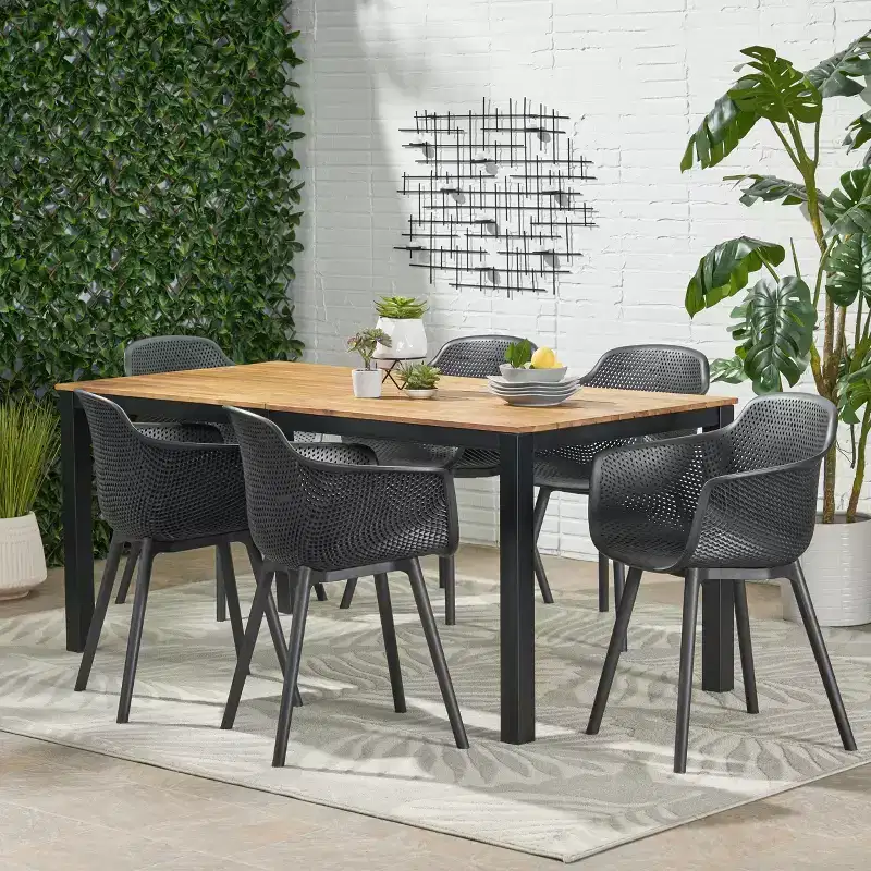 Christopher Knight Home Palmilla Outdoor Resin and Acacia Wood 7 Piece Dining Set, Black and Teak