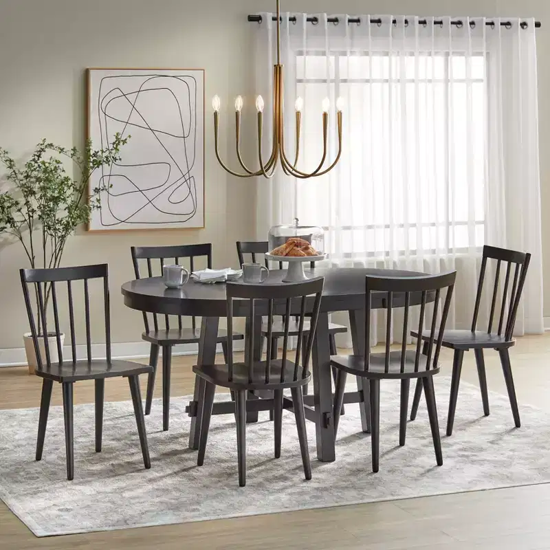 Lifestorey 7pc Edmonton Farmhouse Extendable Dining Set with Solid Wood Chairs Matte Black