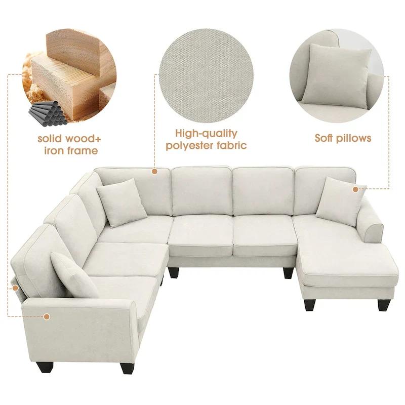 [VIDEO provided] [New] 108*85.5  Modern U Shape Sectional Sofa, 7 Seat Fabric Sectional Sofa Set with 3 Pillows Included for Liv