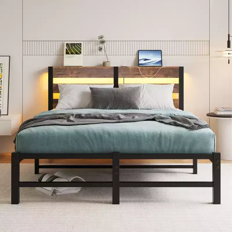 Full Size Metal Wooden Headboard Bed Frame Charger Storage Shelf Noise Free No Box Spring Needed Rustic Brown